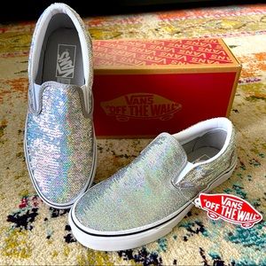 Brand New Shiny Silver Sequin Slip-on Vans!